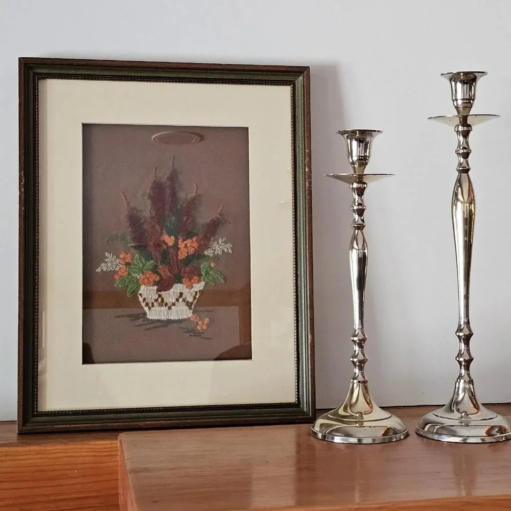 Pair of Mid Century Crewel Wool Framed Art Pieces - Picture 3 of 6